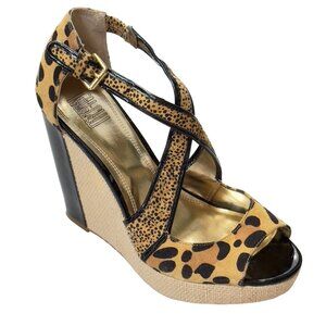 Leopard Print Wedge Sandals With Cross Strap Design Leather Upper Size 8M Made I